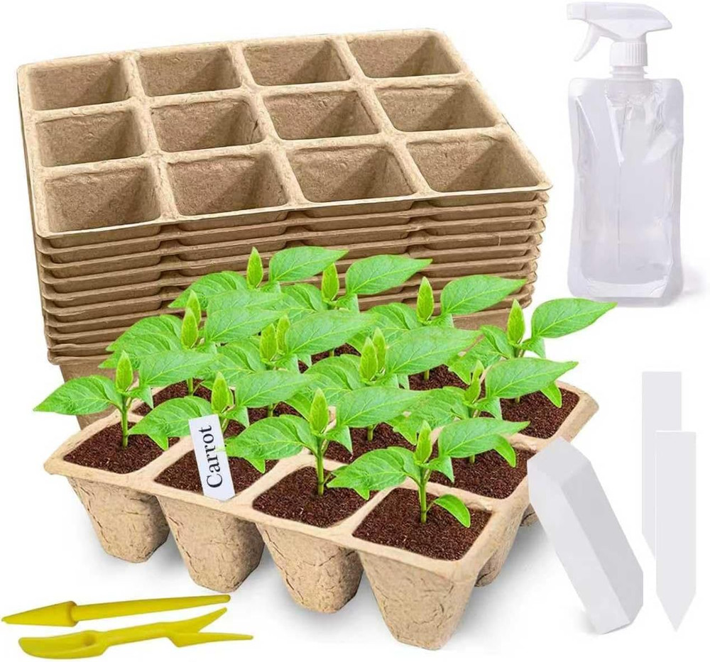 120-Cell Seed Starter Trays with 100 Labels – Biodegradable Peat Pots, 10 Pack