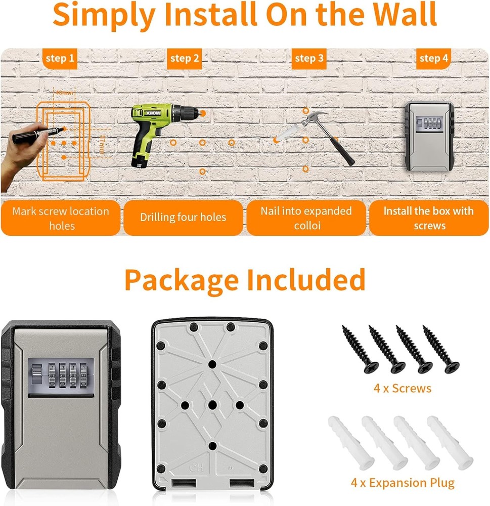 UPGRADE Extra Large Capacity Key Lock Box, Weatherproof Wall Mount Grey