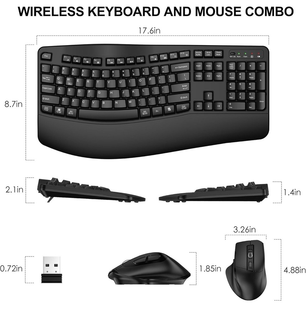 Wireless Keyboard and Mouse Combo, 2.4G Full Size Wave Keys Ergonomic Keyboard w