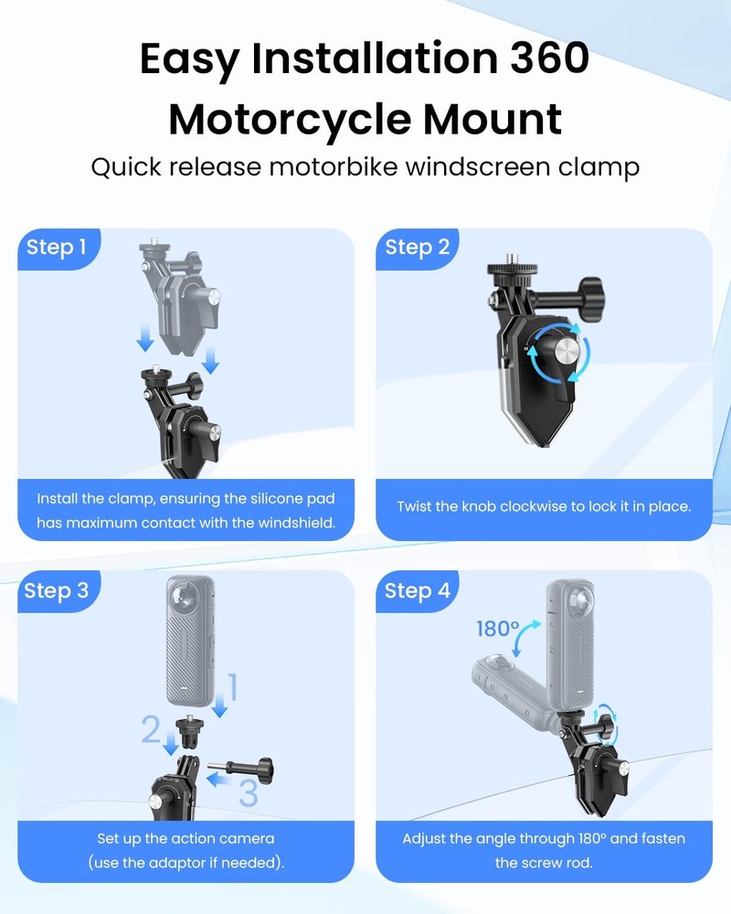 Maectech Motorcycle Windshield Clip Camera Mount for Black and Silver