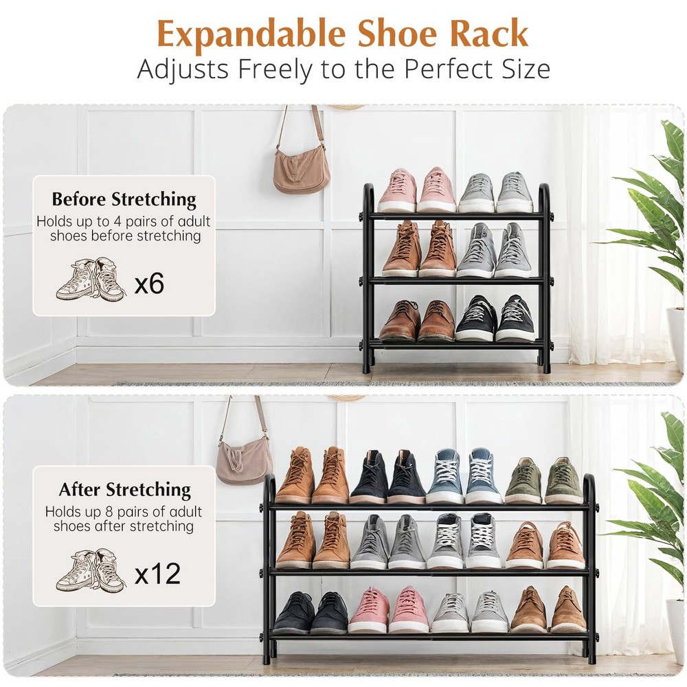3-Tier Expandable Shoe Rack, Stackable and Adjustable Shoes Organizer Storage...