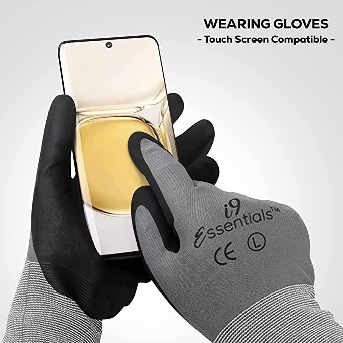 Micro-Foam Work Gloves Touch Screen Grip Nitrile Coated Gray Black Large 12 Pair