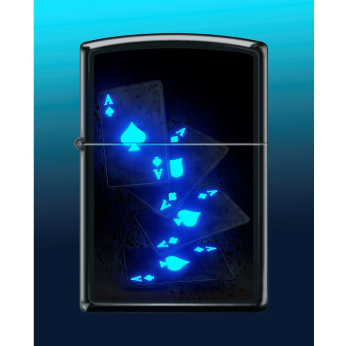 Zippo Lighter - Floating Ace's with Blacklight Process Black Matte  - 855950