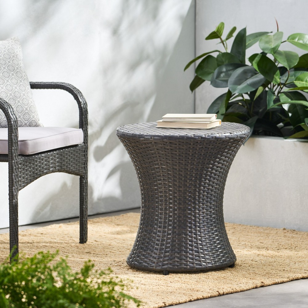 Outdoor Wicker Hourglass Side Table, Gray