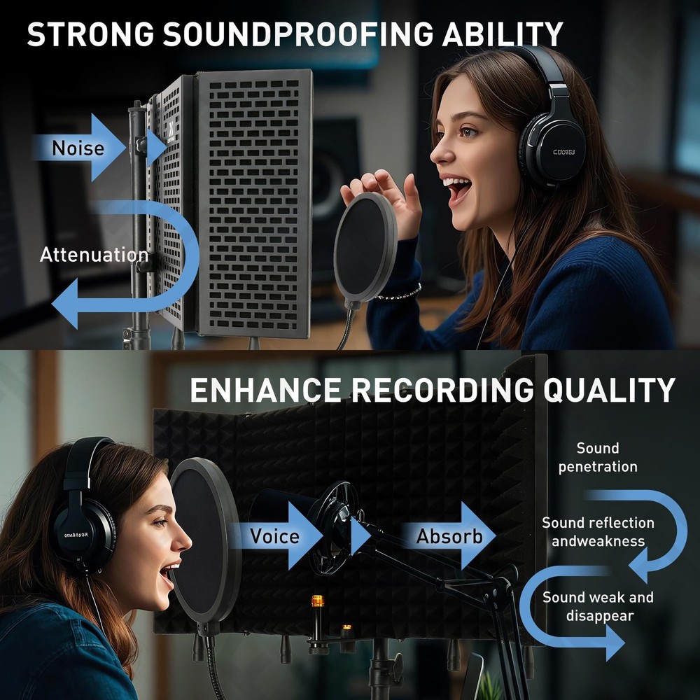 5-Sided Isolation Shield Microphone Stand, Studio-Grade Soundproof Booth with...