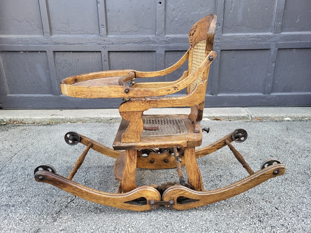 Antique Oak Folding High Chair Rocker Stroller Combination c1900
