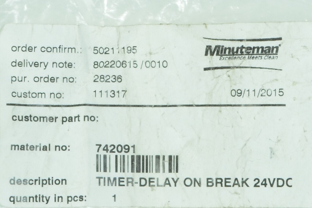 Minuteman 742091 Timer Delay on Break 24VDC