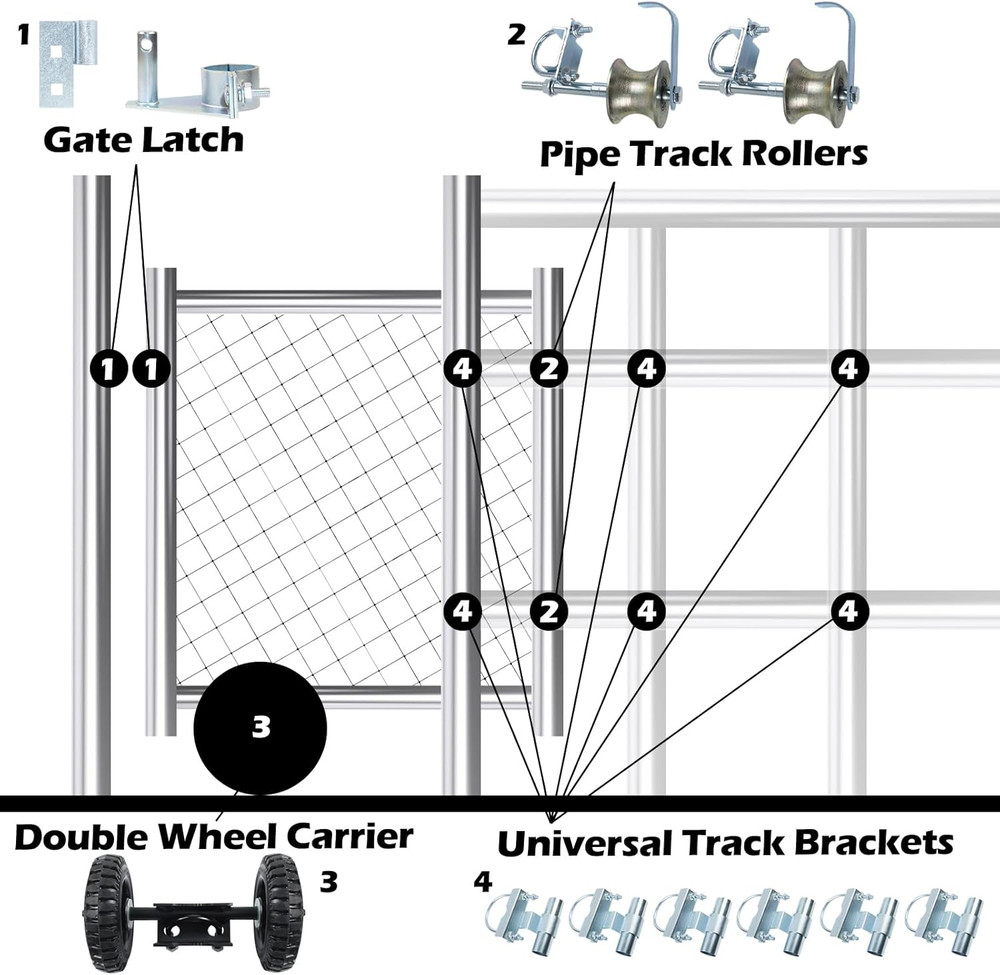 Durable Rolling Gate Hardware Kit with 6" Wheels & Track Brackets
