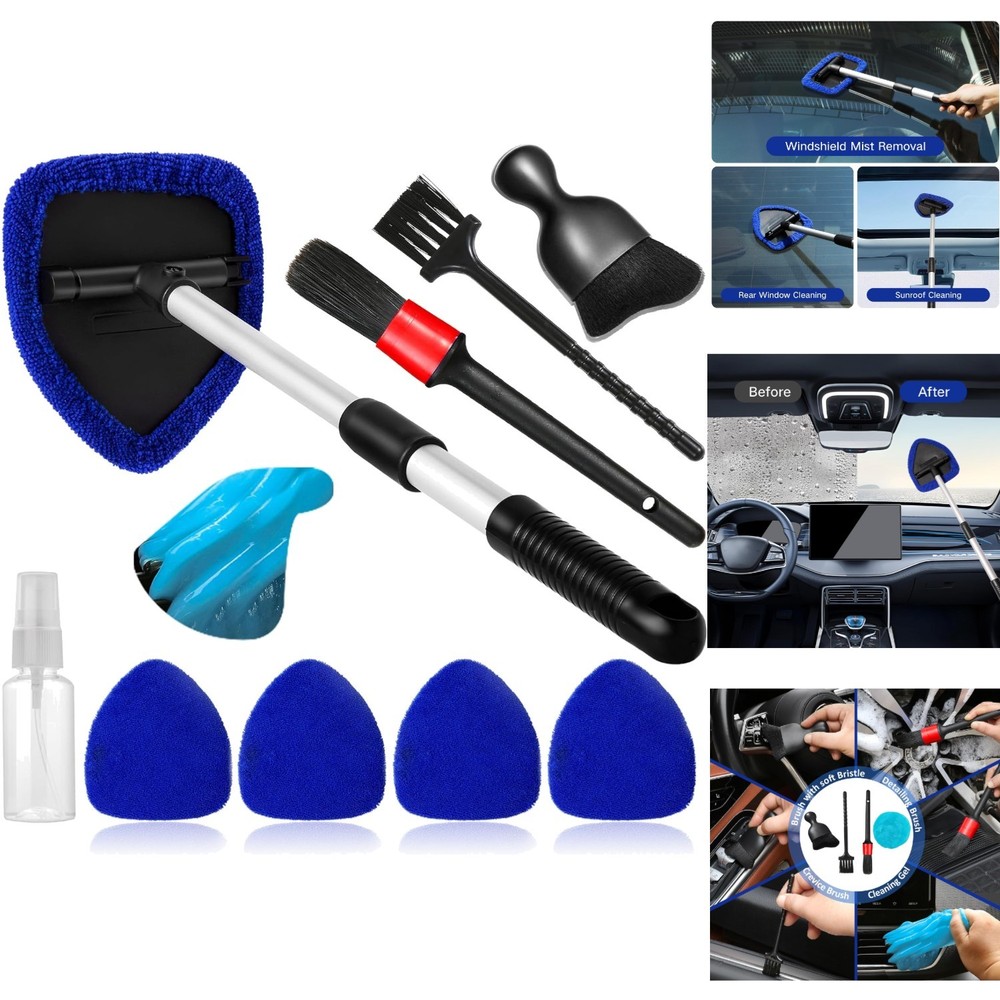 Car Windshield Cleaner Kit 10pcs Extendable Microfiber Pads Spray Brush
