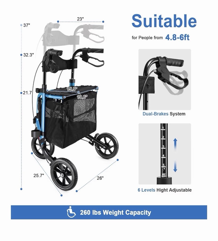 WALK MATE 3 Wheels Rollator Walker 10Lb SeatBackrest Lightweight Foldable Blue