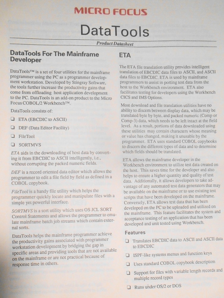 Micro Focus COBOL - 4 Brochures, 1989: Dialog System, 370 Assembler, Data Tools