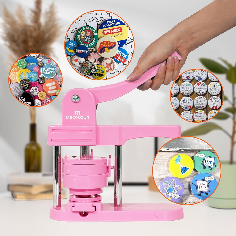 Versatile Button Maker Machine with 150 Supplies - DIY Pinback Buttons (Pink)