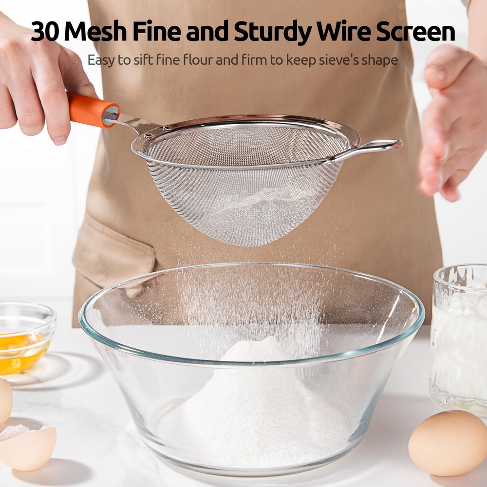 Medium Fine Mesh Strainer 4.7" 30-Mesh Sieve Stainless Steel Silicone Handle