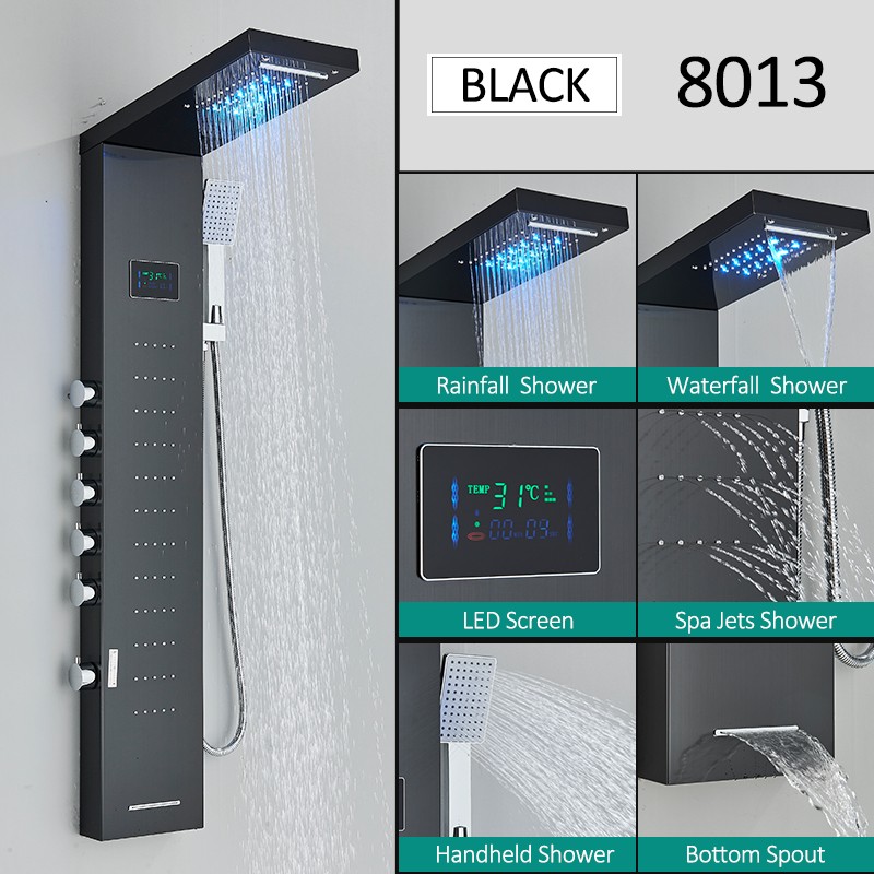 LED Shower Panel Tower System Rainfall Waterfall Massage Body Spa Column Faucet