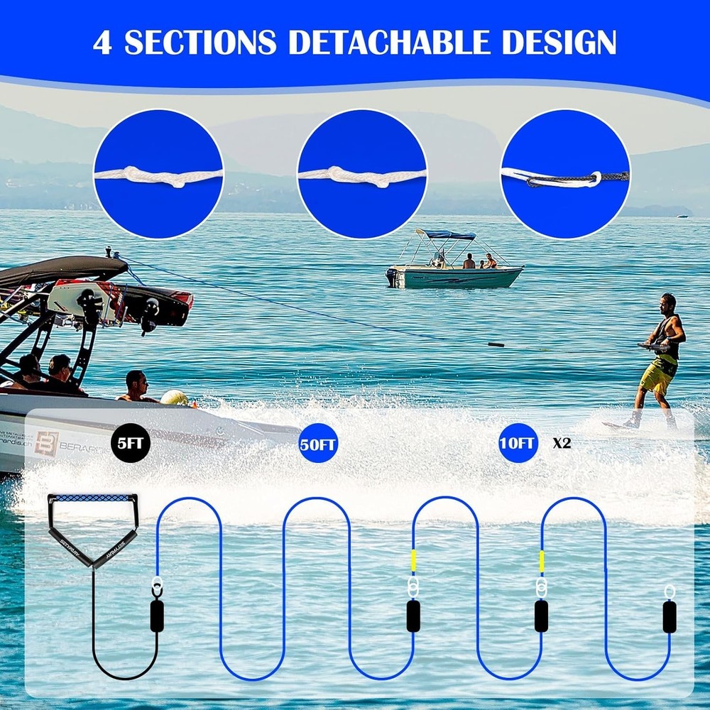 75FT No Stretch Dyneema Wakeboard Rope and Handle, 4 Sections Floating Wakeboard