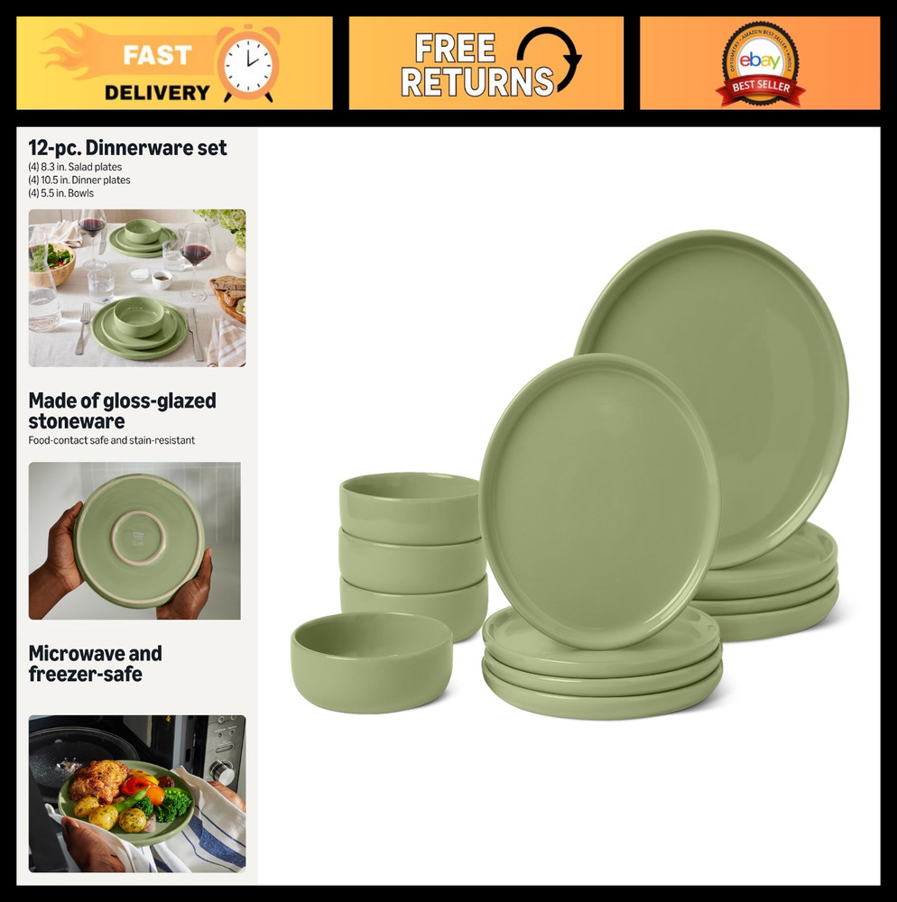 12-Piece Olive Stoneware Dinnerware Set, 4 Place Settings, Microwave & Dishwashe