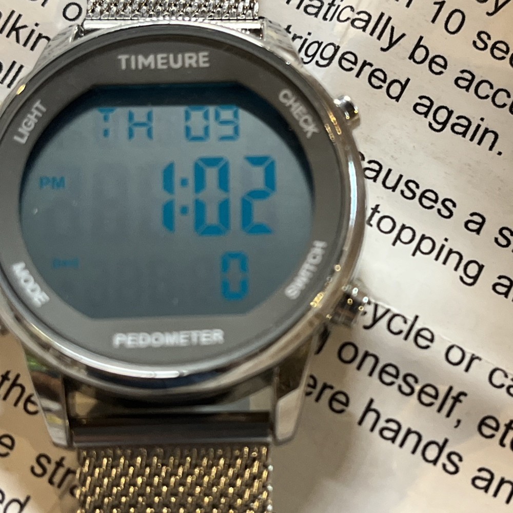 TIMEURE Silver Digital Pedometer Watch with Light and Step Counter