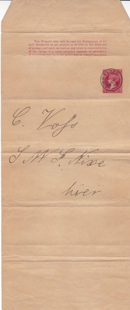Gibraltar 1893 10c Newspaper Wrapper to Kiev?