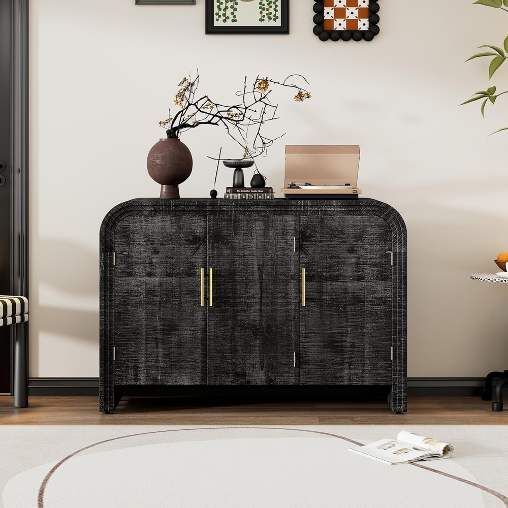 Rustic Buffet Sideboard with Gold Handles, Adjustable Dividers, Antique Black