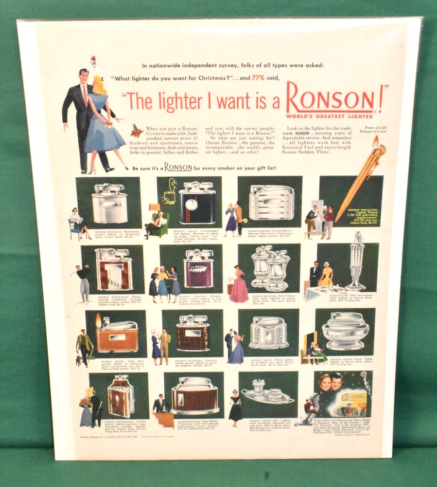 Ronson Lighter Advertisement from the 1950's featuring All Lighters w/ Pricing