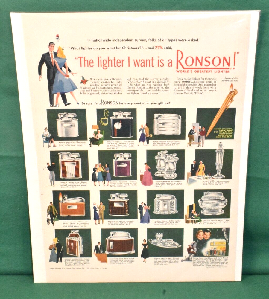 Ronson Lighter Advertisement from the 1950's featuring All Lighters w/ Pricing