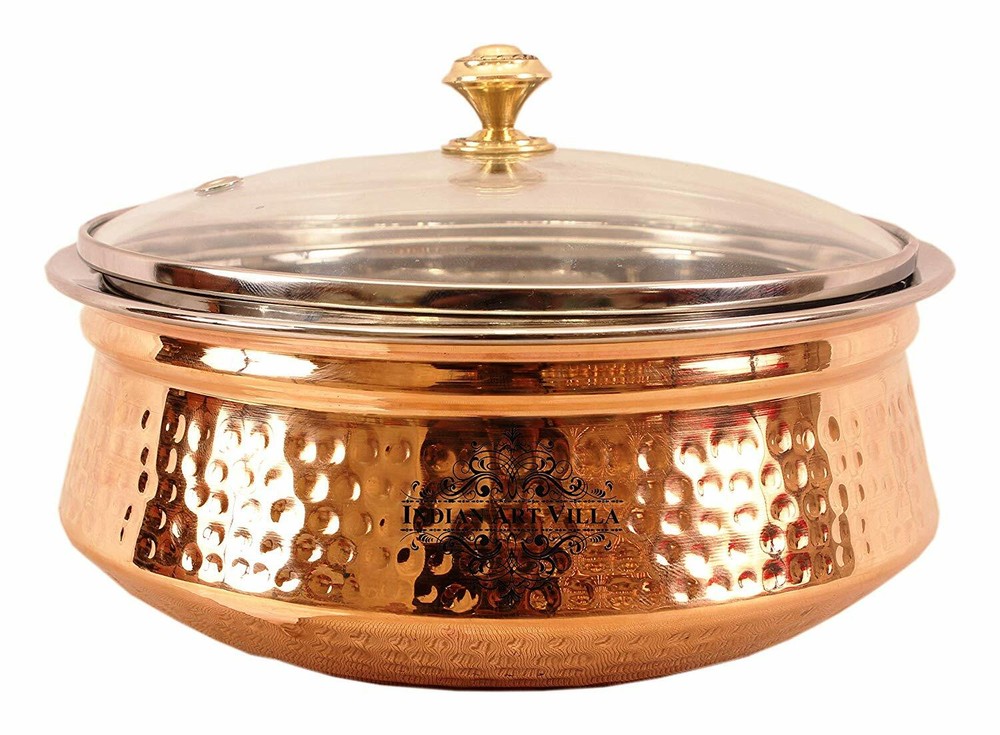 Copper Stee Hammered Casserole Donga Bowl With Glass Lid Tableware 1350ml