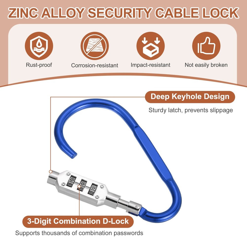 4.8" x 2.4" D-Shaped 3-Digit Code Combination Lock D-Ring Clip Locking, Blue