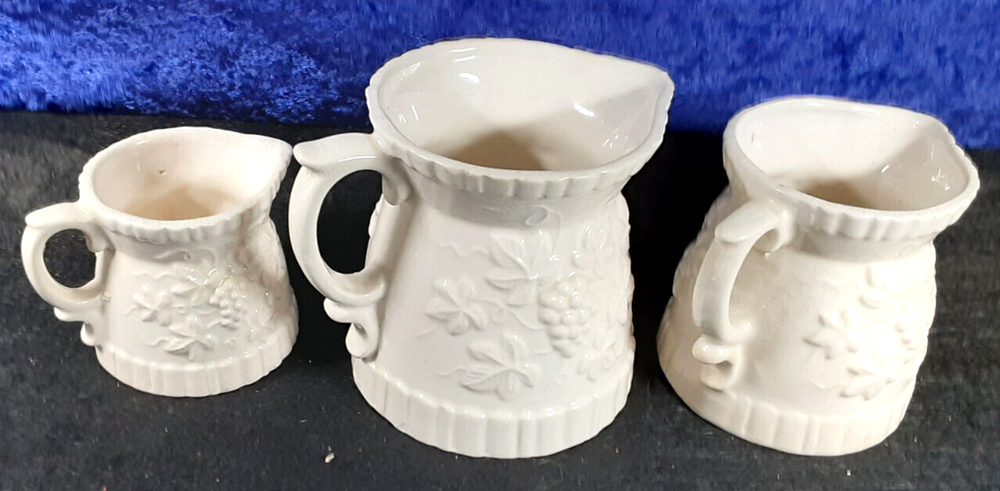 Vintage Ceramic Creamer / Measuring Cup set; Grapevine Pattern; 2,4,8 oz; EX
