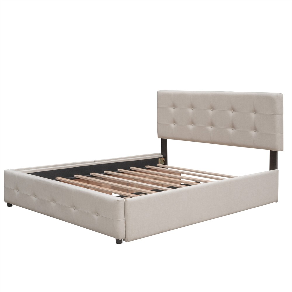 Queen Size Bed Frame Upholstered Platform Bed with Pull-Out Trundle & 2 Drawer