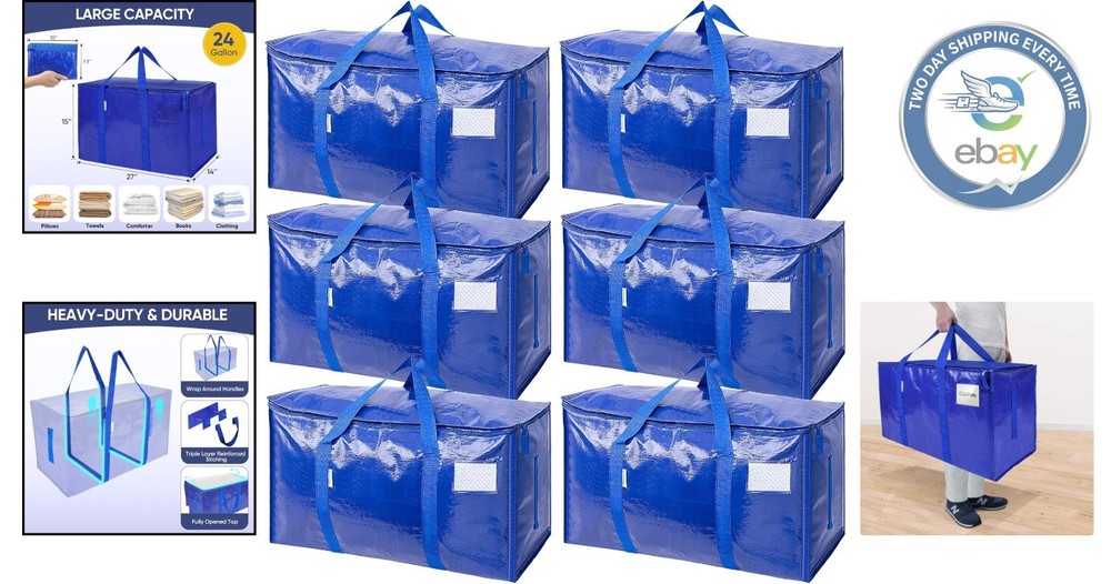 Sturdy 6 Pack Extra Large Moving Bags - Zippered and Waterproof Storage Solution