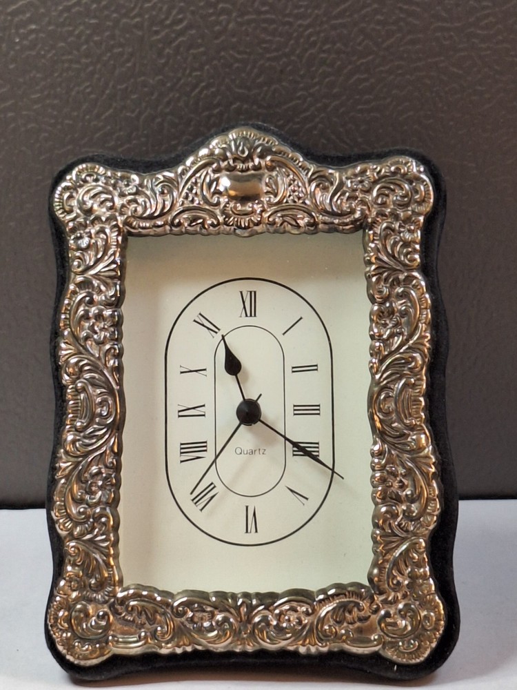 Vtg Silver Framed Quartz Clock Scrolled Design Tabletop