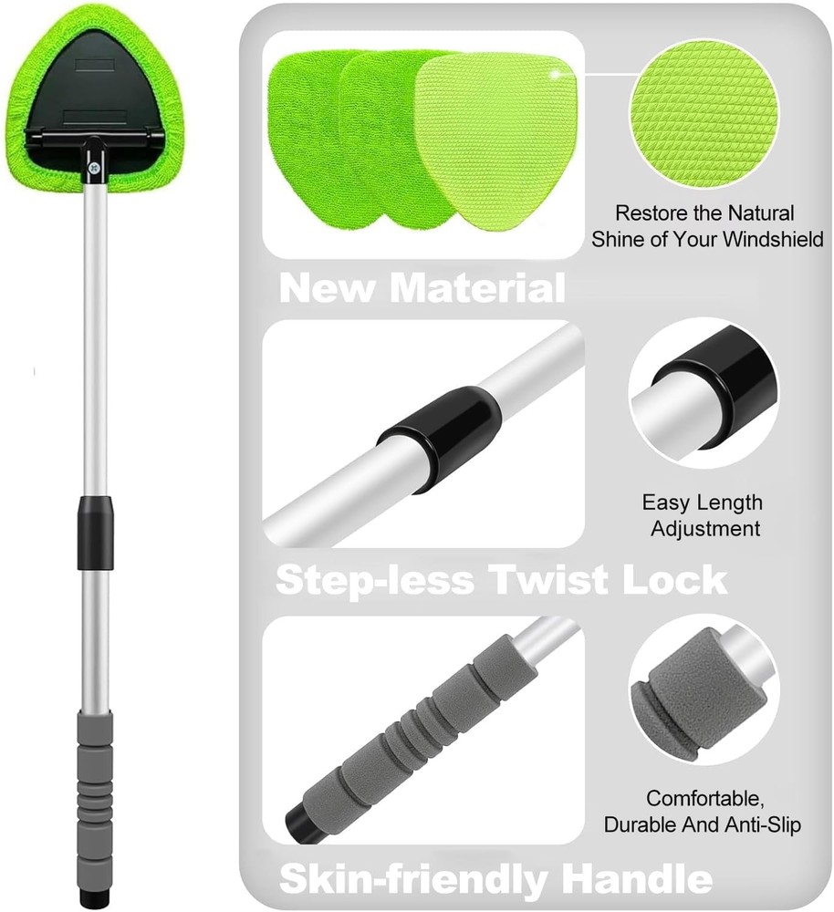 Portable Windshield Cleaner Tool with Extended Long Handle & 4 Microfiber Pads