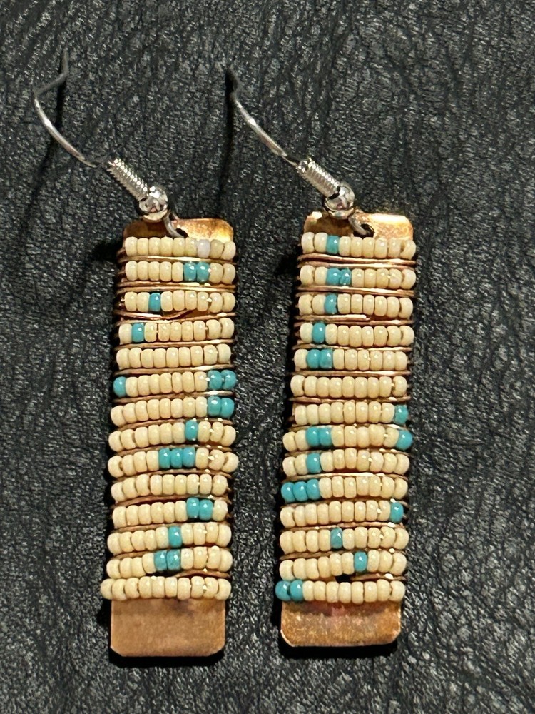 NWT  Seed Bead Copper Tone Turquoise Dangle Earrings