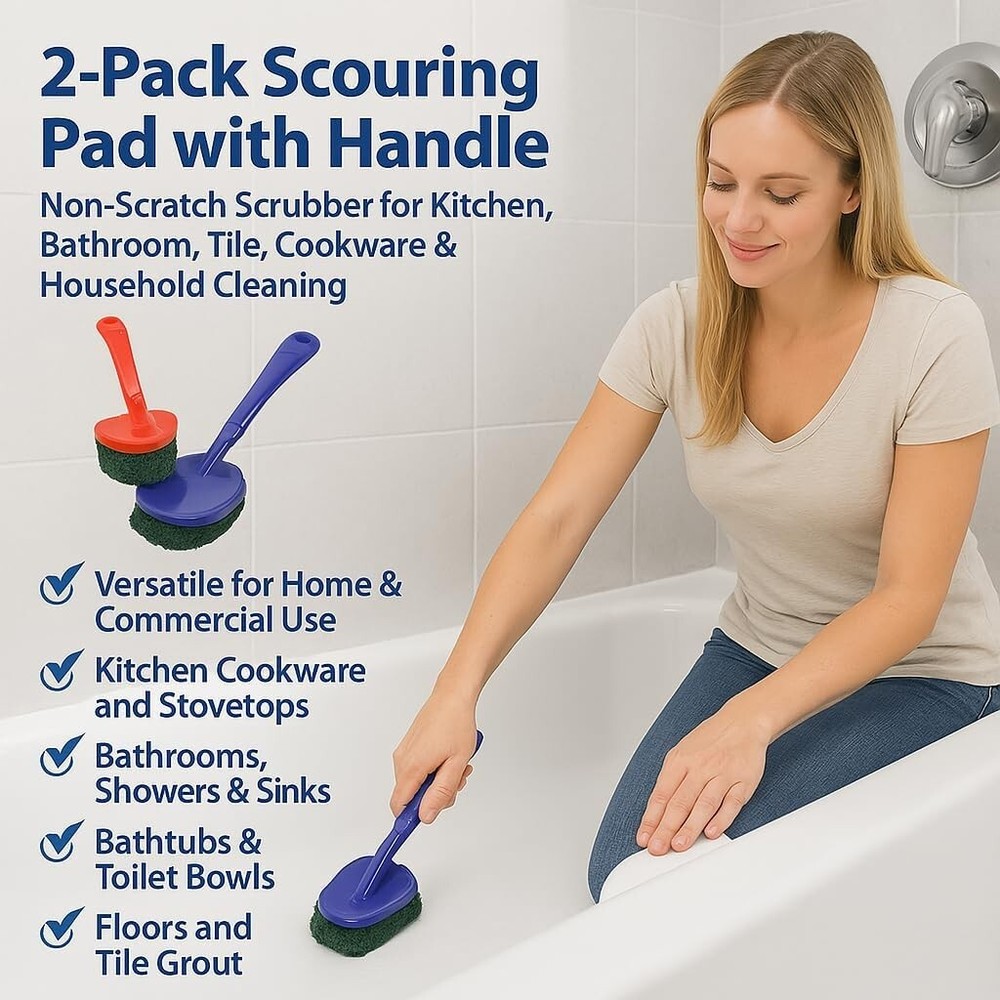 2-Pack Scouring Pad with Handle, Non-Scratch Scrubber for Kitchen & Bathroom NEW