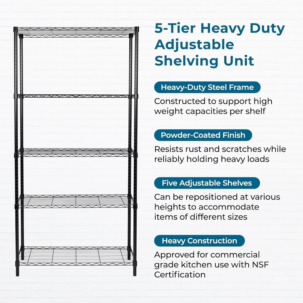 Maximize Storage with 5-Tier Adjustable Shelves - 200 lb Capacity, Rust-Proof