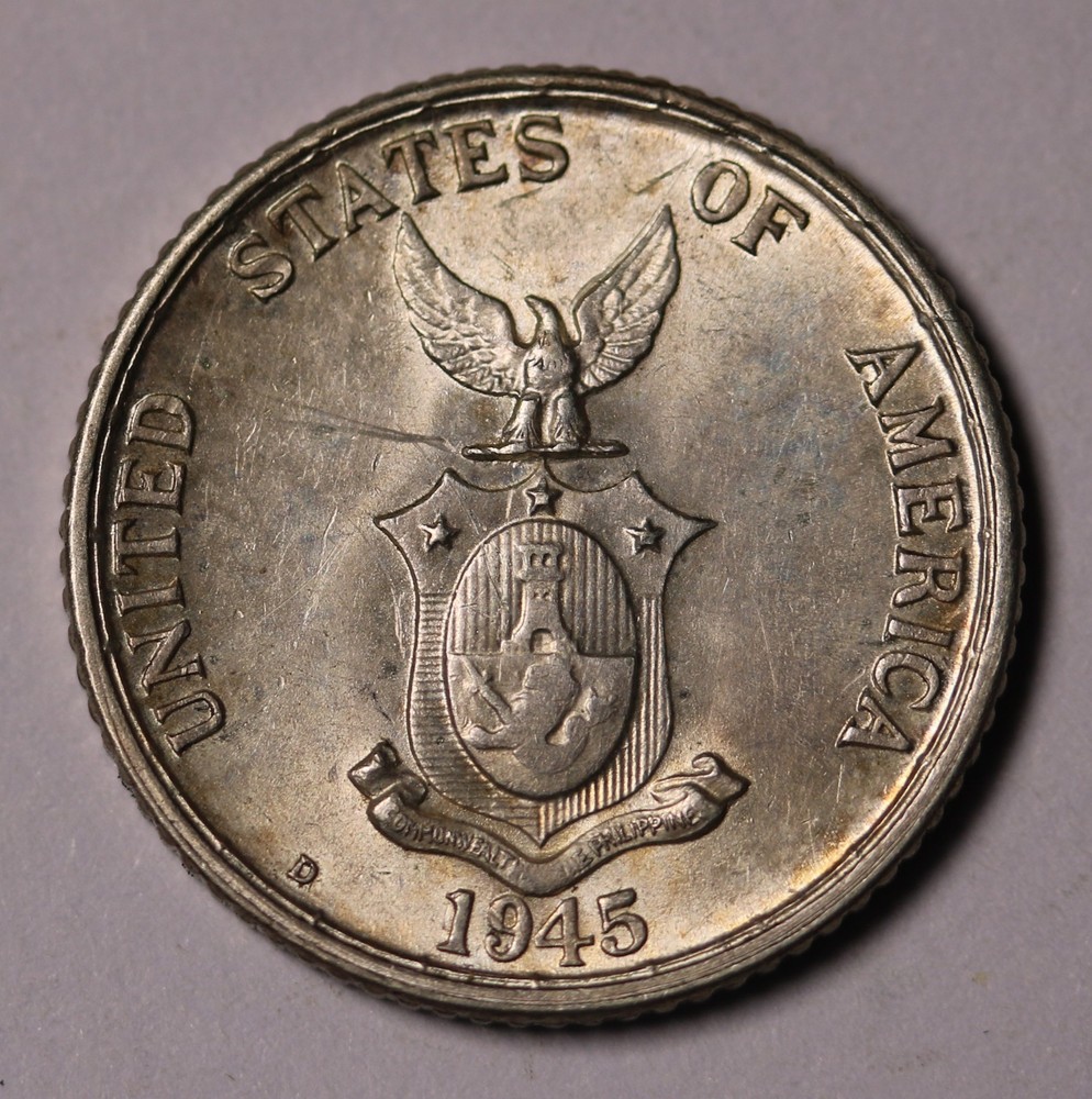 1945 D Philippines 20 Centavos Silver Coin KM# 182