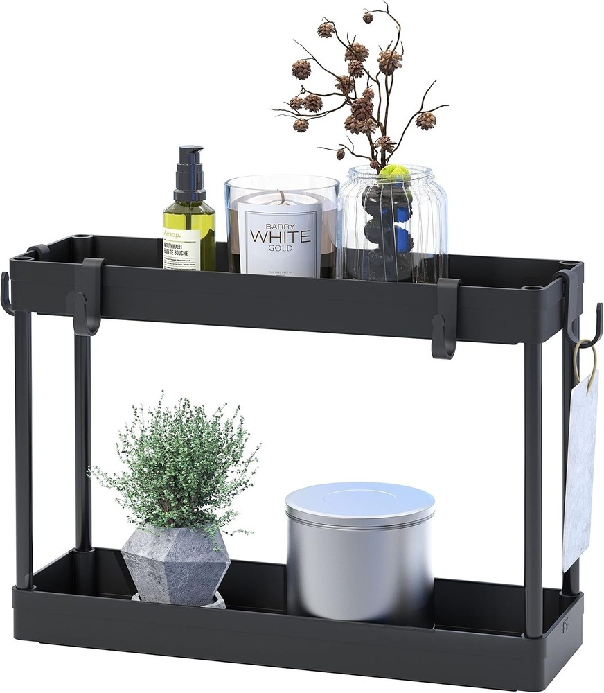 2-Tier Under Sink Organizer Storage Tray with Hooks Black