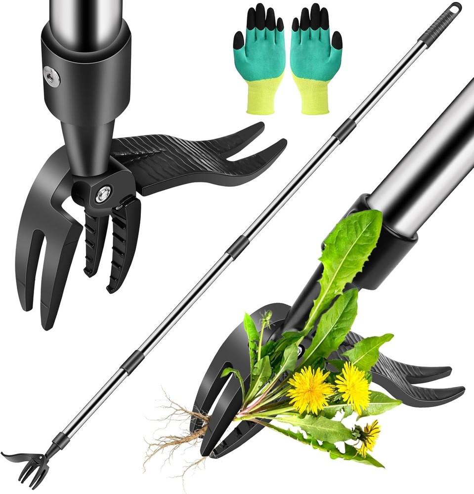 58" Stand Up Weed Puller Tool w/ 4 Claw Steel Head Adjustable Handle