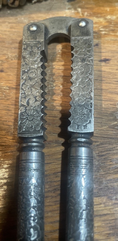 Antique Victorian Etched Style Hand Squeeze Nut Cracker Floral Design
