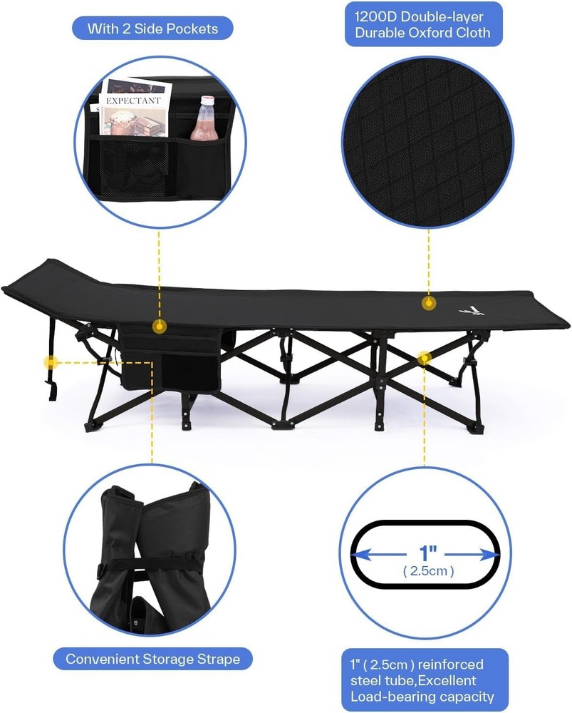 Heavy-Duty Double Layer Camping Cot for Adults with Side Pockets - Outdoor Use