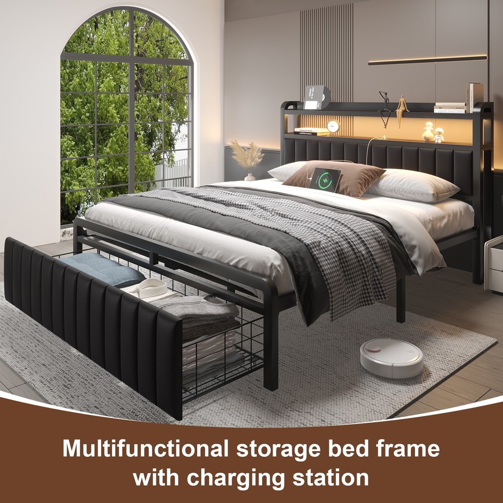 Full/Queen Size Bed Frame with 2-Tier Storage Headboard and Storage Drawers