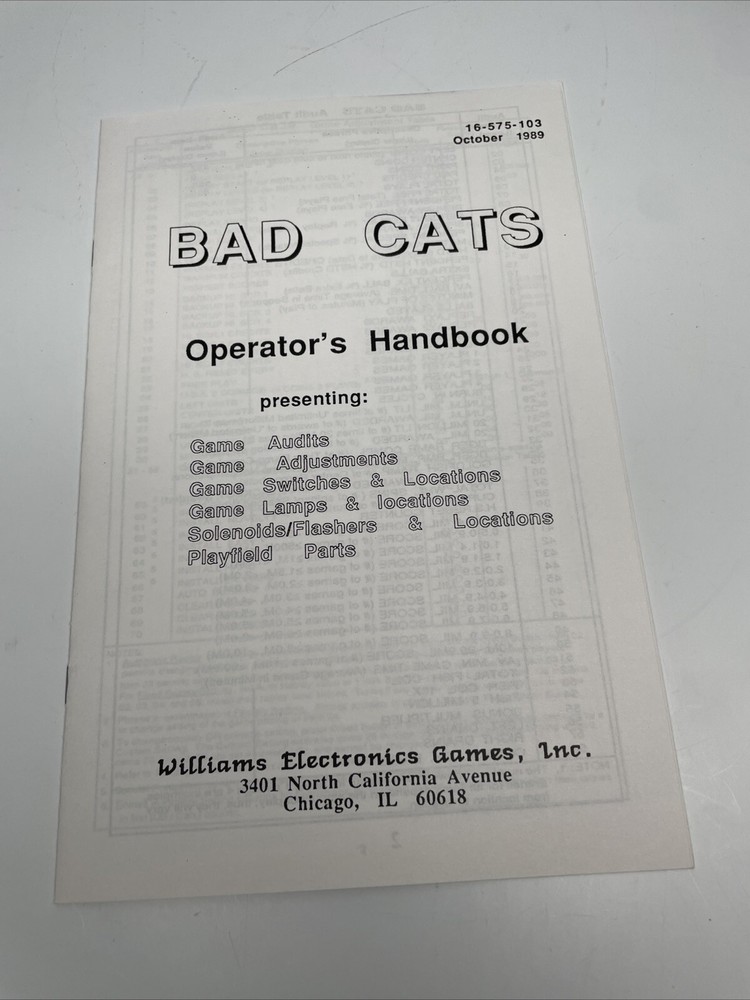 Williams Bad Cats Pinball Machine Game Manual Operators Handbook ORIGINAL