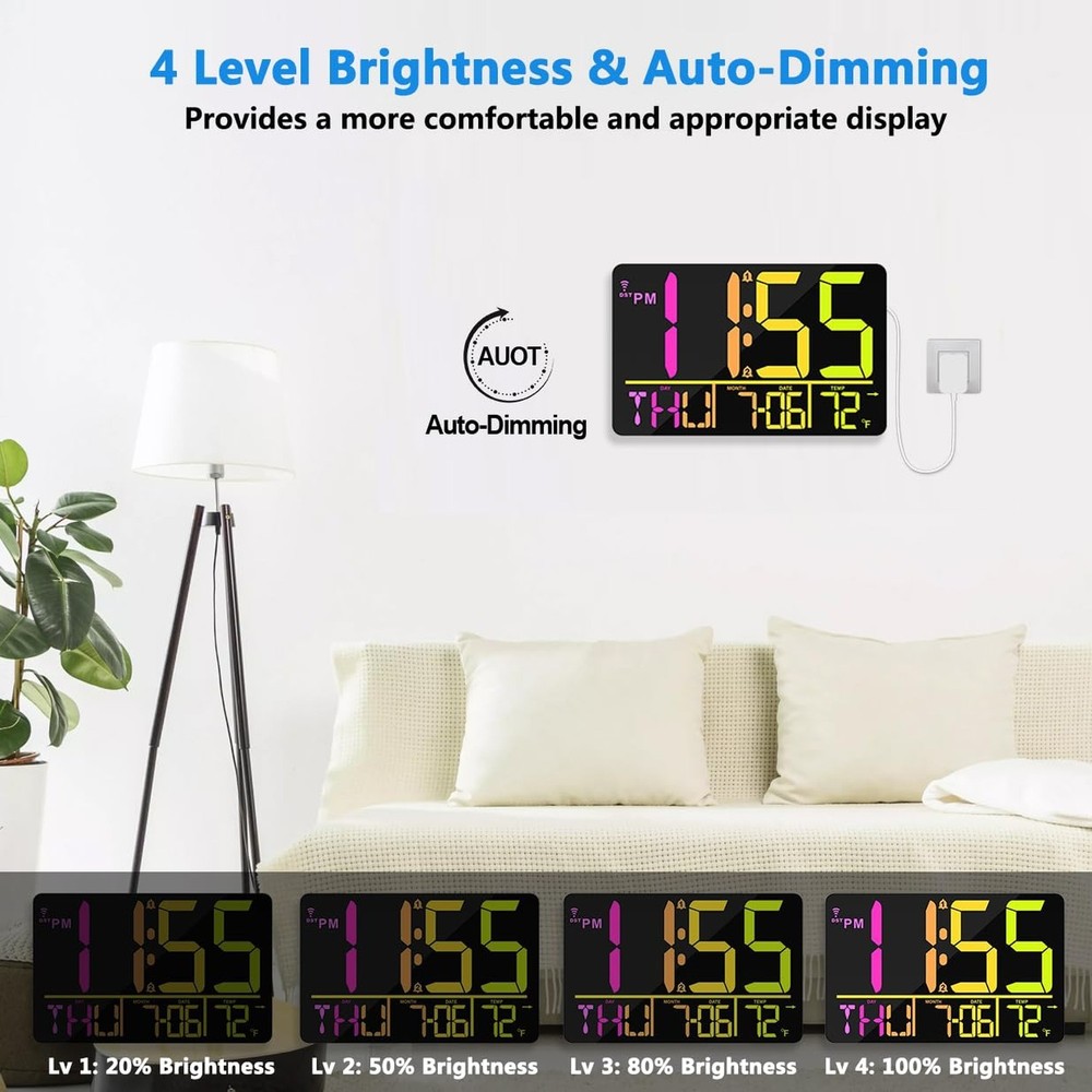 13" Bluetooth Auto Sync Wall Clock- Large Digital Alarm Clock with Remote, RG...