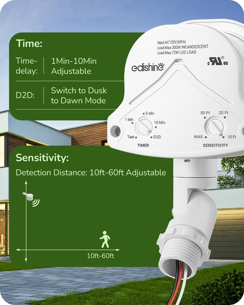 EDISHINE Motion Sensor, Automatic Dusk to Dawn, 240 Degree Replacement White