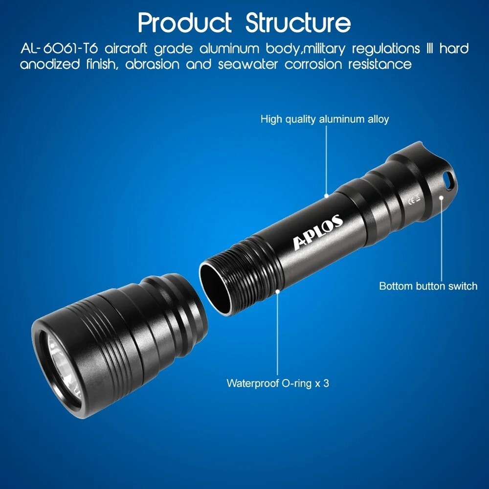 APLOS S2 3000 Lumen 4 Lighting Modes Dive Light Underwater Waterproof LED Fla...