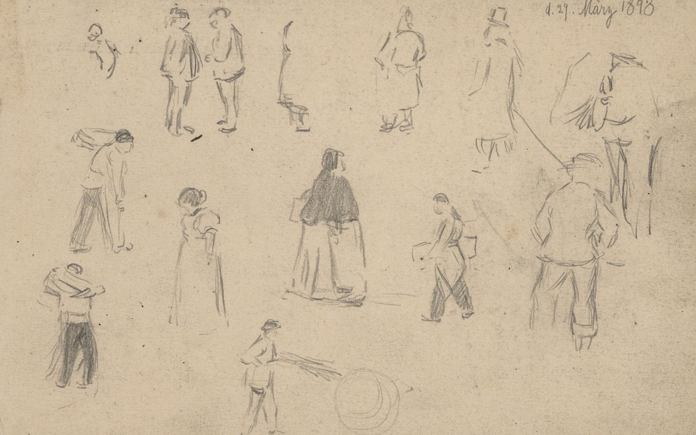 Study Pencil Drawing Passersby Craftsmen Work Professions 1898 Dated