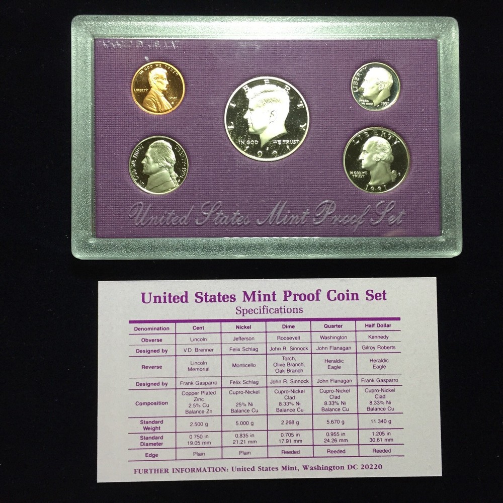 1991 US Mint Proof Set 5 Piece Clad Set COA