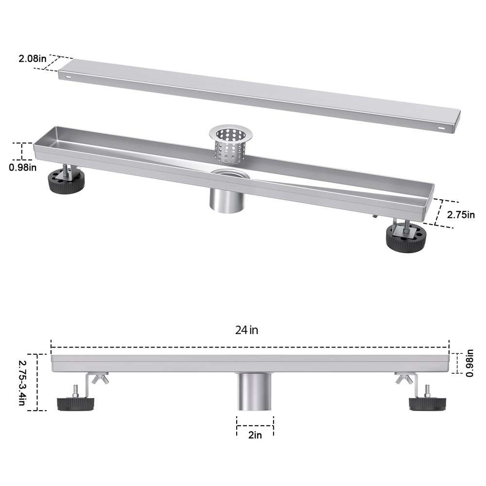 Bmvlffs Brushed Nickel 24-Inch Linear Shower Drain with Tile Insert Grate, Recta