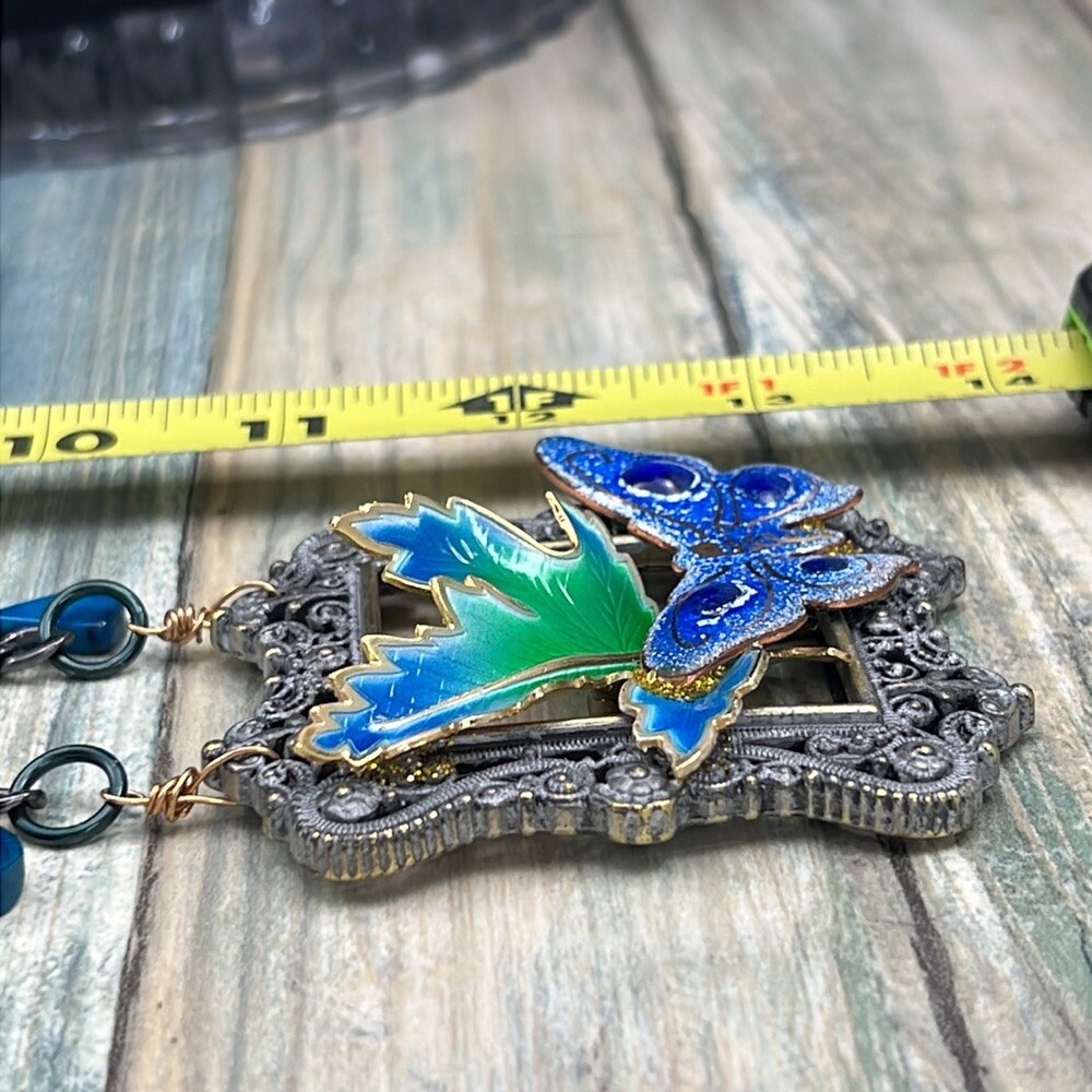 Adorned Crown Artisan Assemblage enamel blue framed butterfly leaf necklace