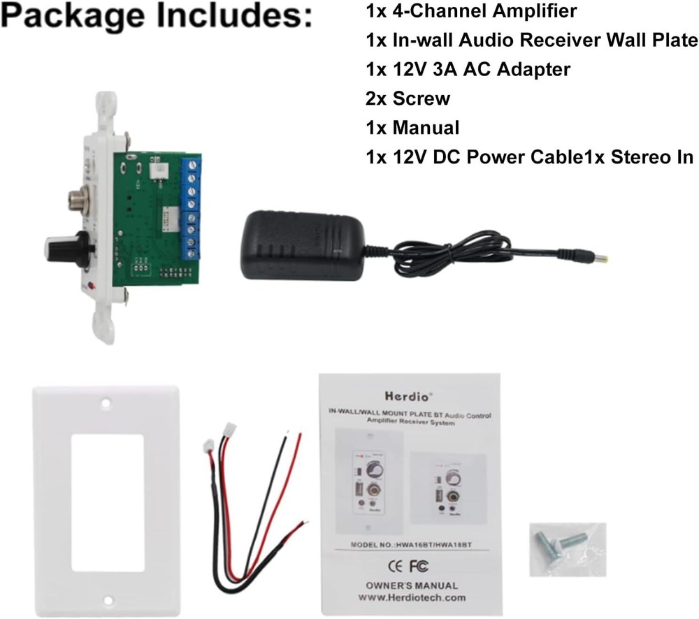 Herdio Bluetooth in Wall Amplifier 4 Channels Volume Control USB MIC AUX 3.5mm